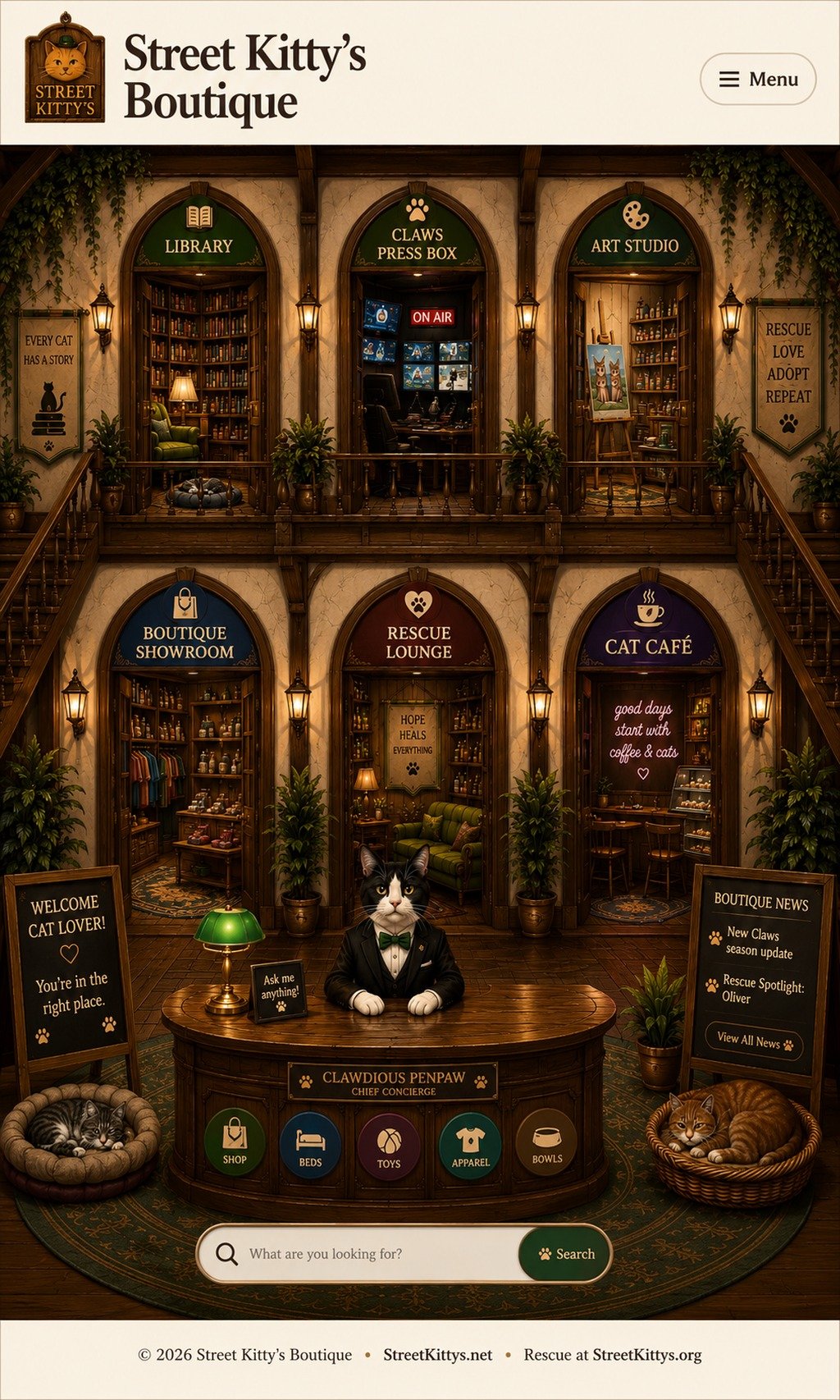 Street Kitty's Boutique entrance hall with Clawdious Pinpaw at the concierge desk and doors to Library, Boutique Showroom, Rescue Lounge, Claws Press Box, Art Studio, and Cat Café.