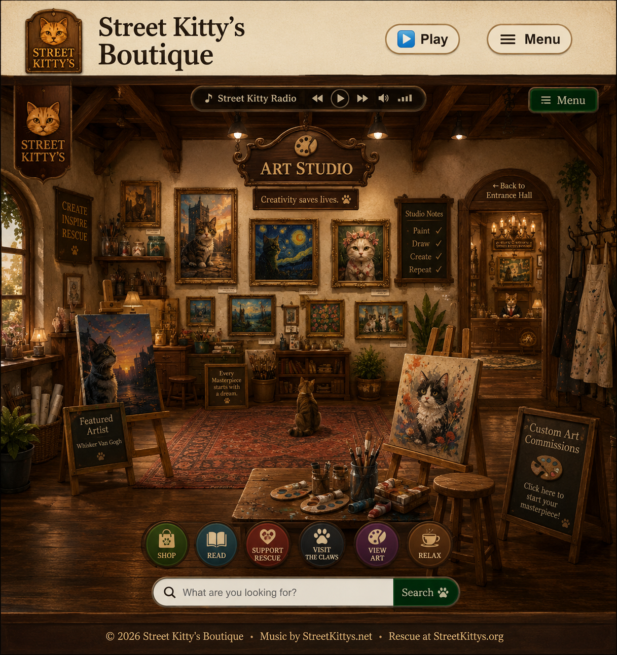 Street Kitty's Boutique Art Studio with framed art hanging on gallery walls, easels, paint supplies, cats, and a doorway back to the entrance hall.