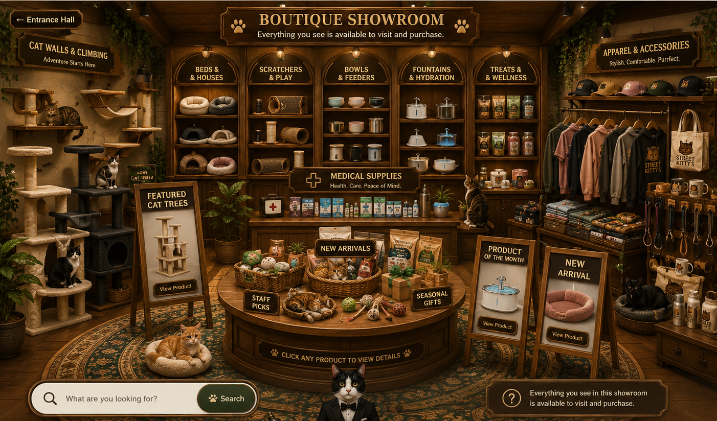 Street Kitty's Boutique Showroom with shelves and product displays.