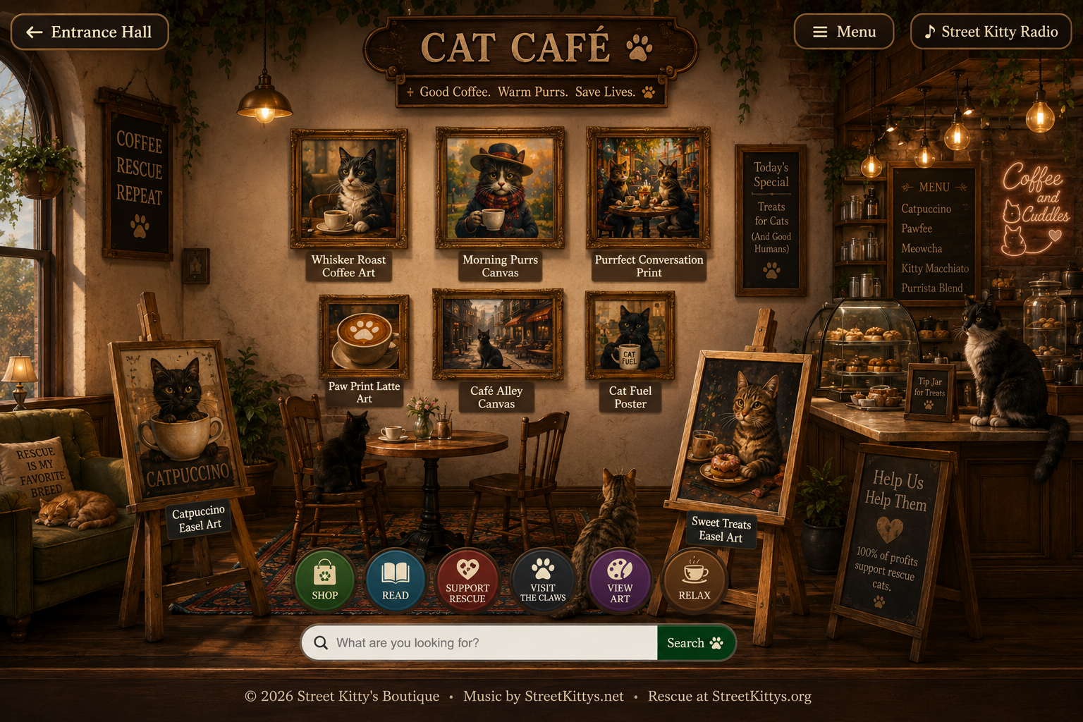 Street Kitty's Boutique Cat Café marketplace with coffee, mugs, snacks, cat treats, fountains, bowls, dishes, gift items, easels, framed wall products, cats, and a counter display.