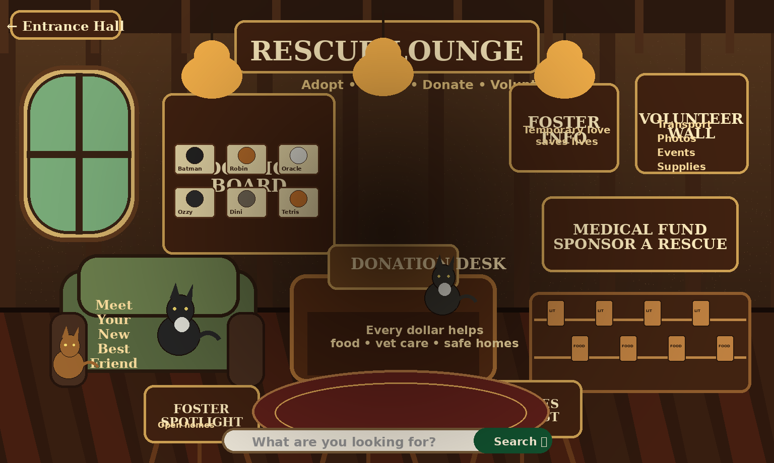 Street Kitty's Rescue Lounge with an adoption board, donation desk, foster information, volunteer wall, medical fund, supply shelves, cats, and rescue feature displays.