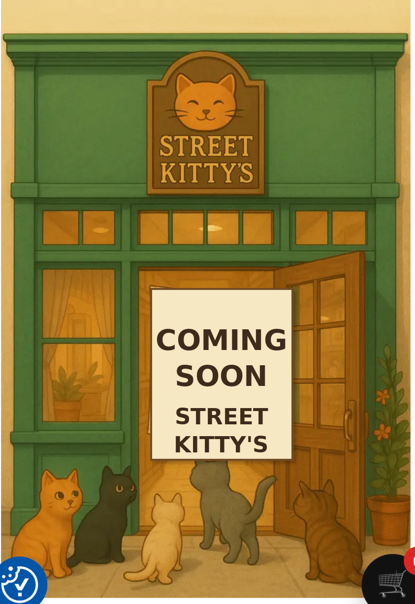 Street Kitty's Boutique storefront with cats and a Coming Soon sign